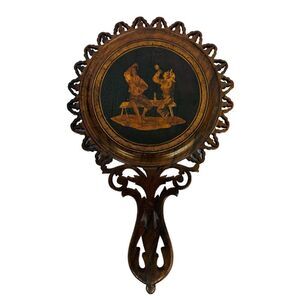 Antique Italian Inlaid On Both Sides Hand-Carved Parquetry Mirror